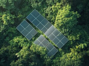 Eine Solaranlage inmitten grüner Bäume, von oben fotografiert