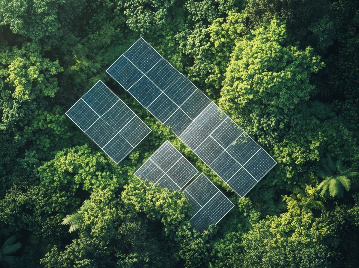Eine Solaranlage inmitten grüner Bäume, von oben fotografiert